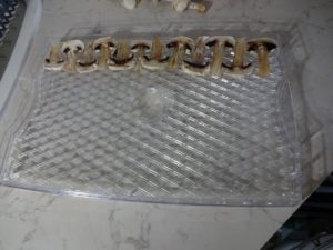 Food dryer tray with sliced mushrooms